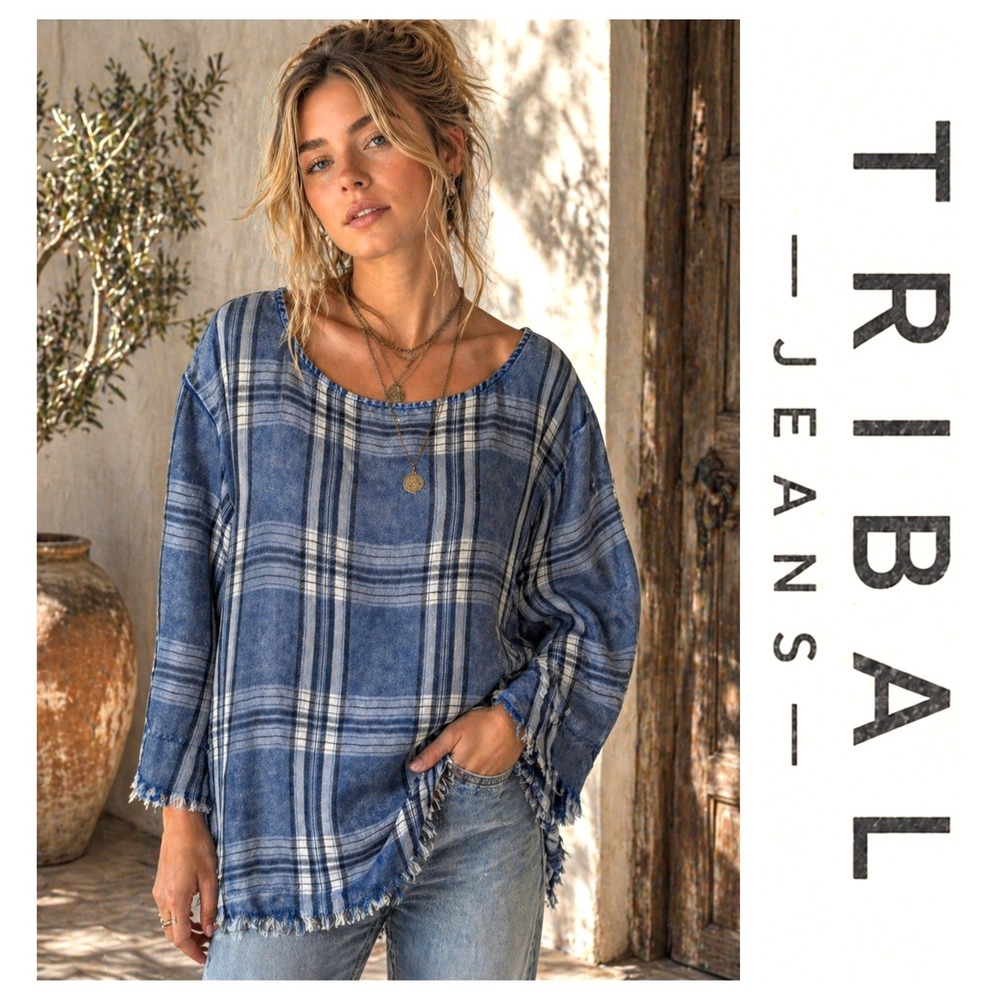 Tribal Jeans Blue Chambray Plaid Oversized Boxy Raw Hem/Sleeves Back Tie Size M